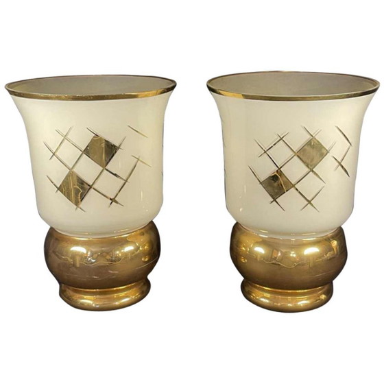 Art Deco Golden Sandblasted Glass Vases by Verreries de Laeken, 1935, Set of 2 (photo 2 of 10)