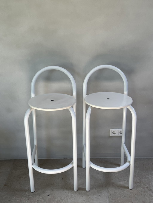 Pair of postmodern white metal stools
