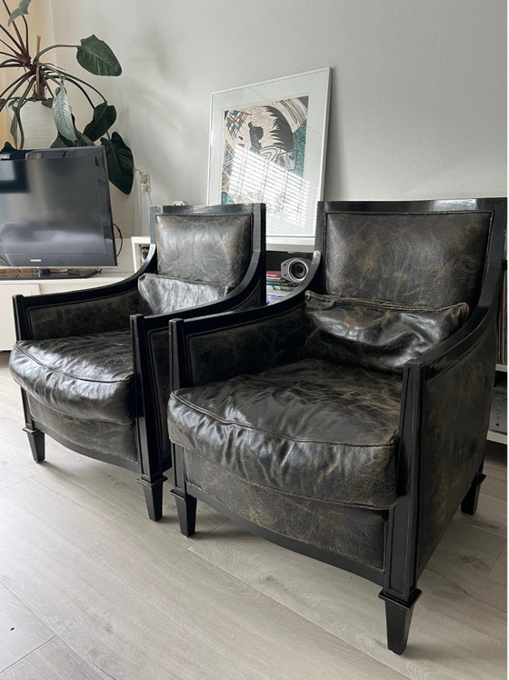Lot de 2 Fauteuils Vintage en Cuir - Style Art Déco – Wood, Leather (photo 2 of 10)