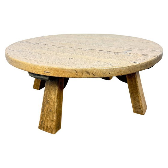 Image 1 of Rustic solid oak coffee table – round brutalist style – vintage European design