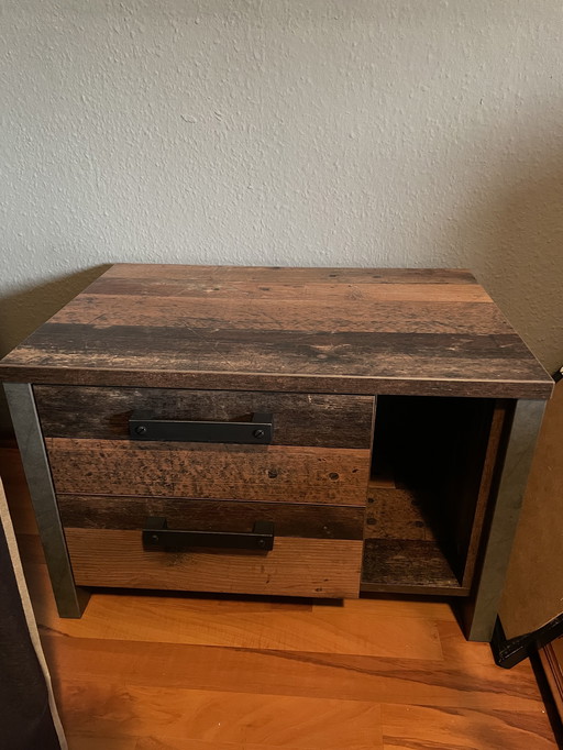 Rustic wooden bedside table / side table with metal handles