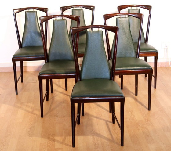 Image 1 of Set of 6 mid-century chairs by Osvaldo Borsani, Atelier Borsani Varedo, mahogany, rosewood, leather, and brass, Italy, 1950s