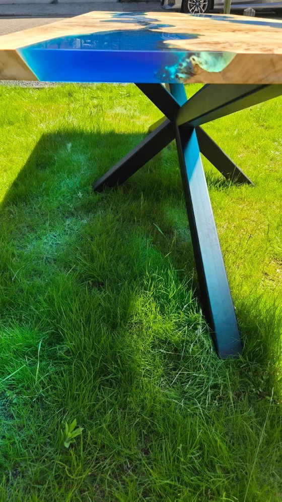 Image 1 of Root wood design table with blue epoxy – unique handmade piece