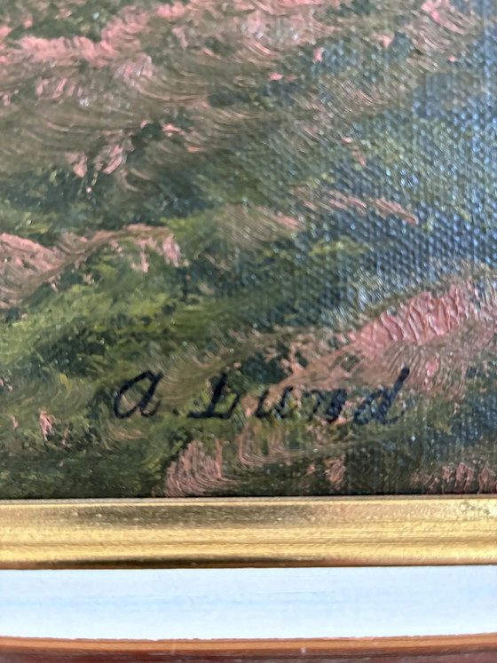 Image 1 of Peinture à l'huile originale ancienne représentant un paysage de campagne, signée.