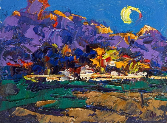 Image 1 of Original Oil Painting Summer Village Landscape Morning summer moon