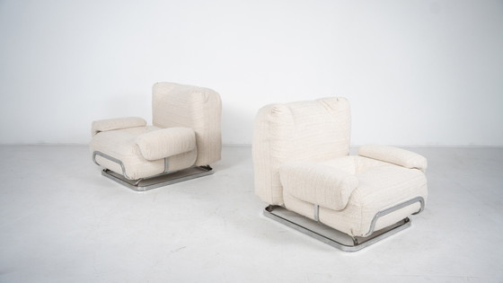 Image 1 of Mid Century Modern Paar Fauteuils, Chroom en Boucle Stof