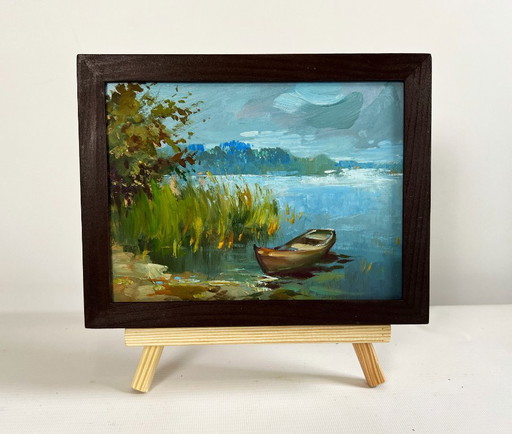 Original Oil Painting Summer River Landscape A boat among the reeds