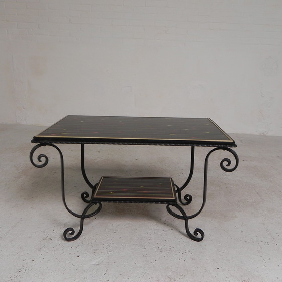Image 1 of Table basse vintage avec 2 plateaux en verre avec impression des années 50