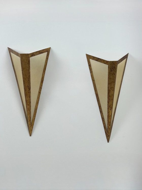 Image 1 of Paire d'appliques XL en métal doré et parchemin, France, 1970