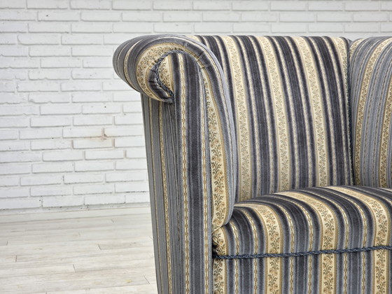 Image 1 of 1960s Danish Lounge Chair, Blue/Beige Furniture Velour, Beech Wood Legs