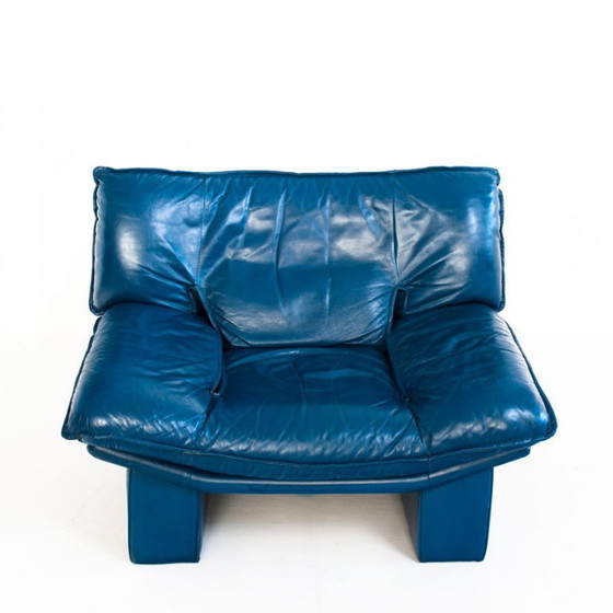 Poltrona e pouf vintage in pelle blu di Nicoletti Salotti - Italia anni '80 – Avanti - Italia, Poltrone (photo 7 of 21)