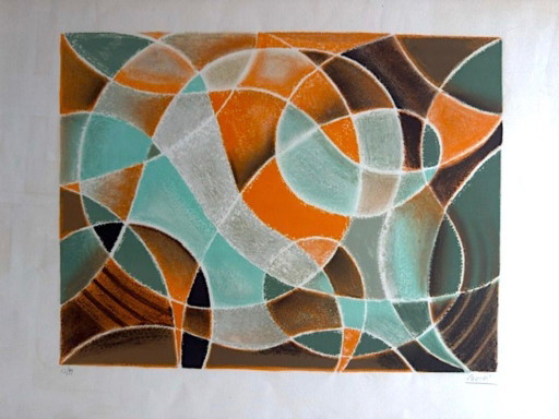 Litografía original – Composición abstracta en colores otoñales – Firmada – Edición limitada 13/99