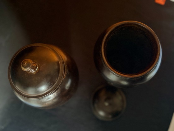 Two vintage wooden vases with lid, brown, Metal (photo 4 of 10)