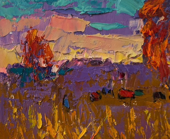 Image 1 of Original Oil Painting Autumn Nature Landscape Night on the Field