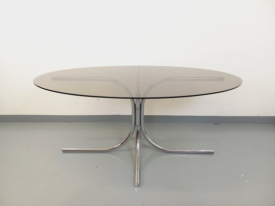 Image 1 of Vintage oval dining table in smoked glass and chrome metal, Space Age style, from the 70s
