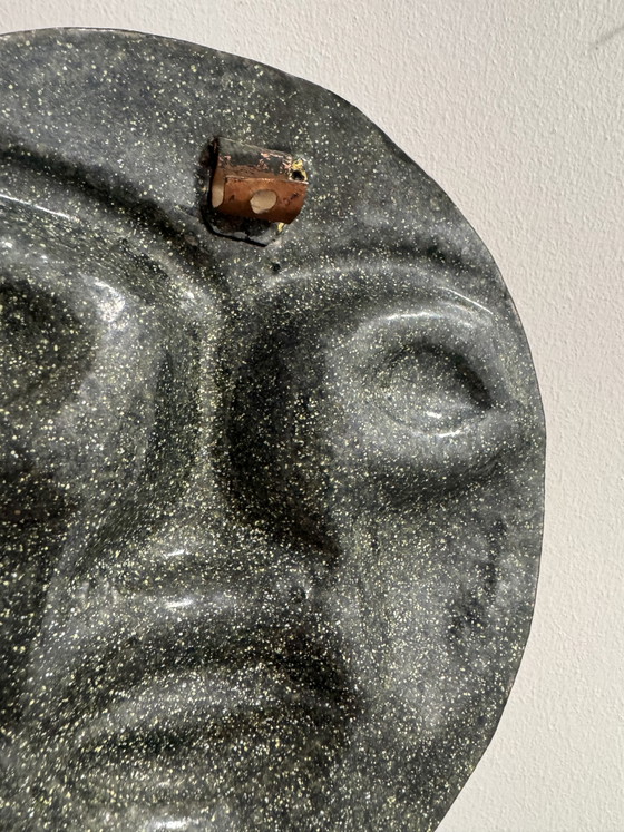 Image 1 of 1960s repoussé and enameled brass face sculpture