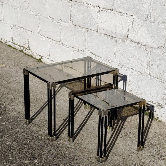 Tables gigognes en verre noir et or, Tables d'appoint, Métal, Vintage (photo 5 sur 15)