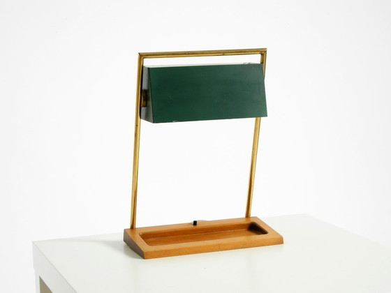 Image 1 of Original large 1960s Temde table lamp with a brass frame, teak base, and green lampshade