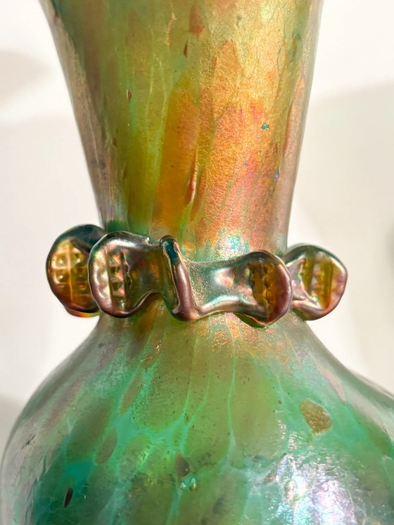 Pair of 1920s Loetz Glass and Wrought Iron Vases – Art Nouveau (photo 16 of 21)