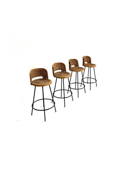 Set Van 4 Vintage Barkrukken, Rotan & Smeedijzer ‘60 – Rattan, Wicker (photo 2 of 10)