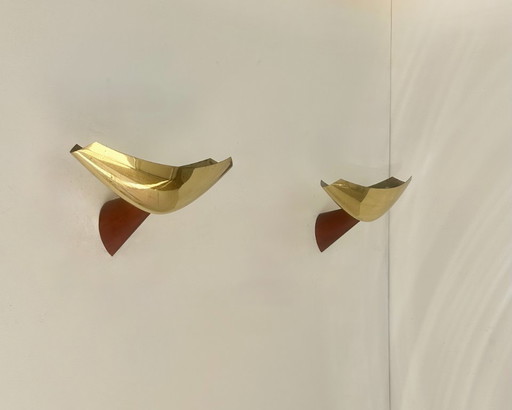 Paire d'appliques vintage en bois exotique et laiton, Italie 1980 – wandlampen, Brass (photo 2 of 7)
