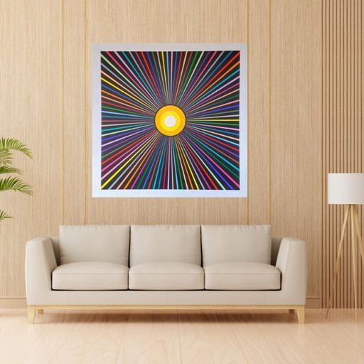 Colorful abstract painting "Millions de couleurs, de rayons de soleil" - Franklin van Dam (acrylic on MDF, 95x95 cm)
