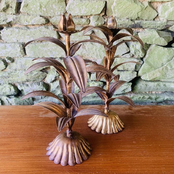 Image 1 of Coppia di candelabri in foglia d'oro degli anni '60