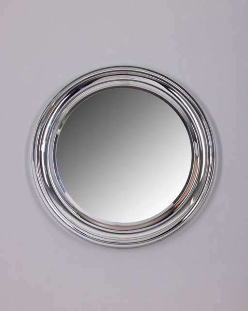 VINTAGE 1970S ROUND WALL MIRROR IN CHROME-PLATED METAL, ITALIAN DESIGN
