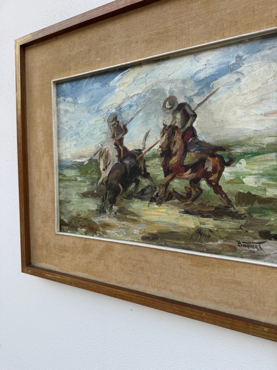 Tableau huile scène camarguaise 20ème – Peintures et dessins, Bois (photo 2 of 11)