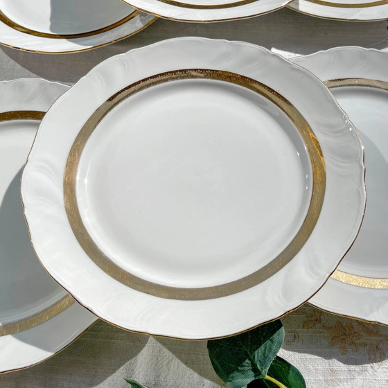 6 Vintage White and Gilded Porcelain Dinner Plates, French Limoges ADP "Ariane" - Elegant Antique French (photo 3 of 9)