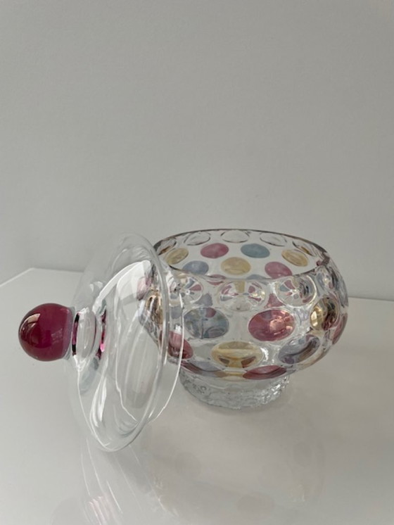 Image 1 of Decorative glass jar with colorful polka dots design