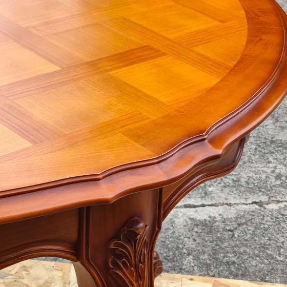 French Vintage Marqueterie Dining Table-Extendable Cherrywood Table-Style Louis XV-80s (photo 16 of 18)