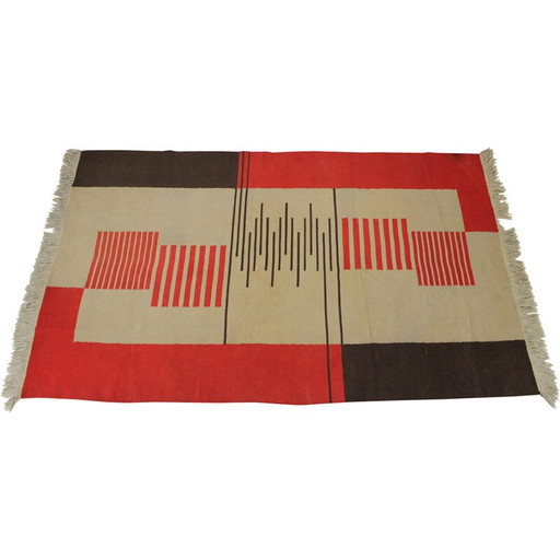 Alfombra de lana geométrica vintage, Checoslovaquia, 1940