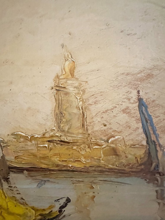 Image 1 of Tableau impressionniste très ancienne d’un port de Méditerranée