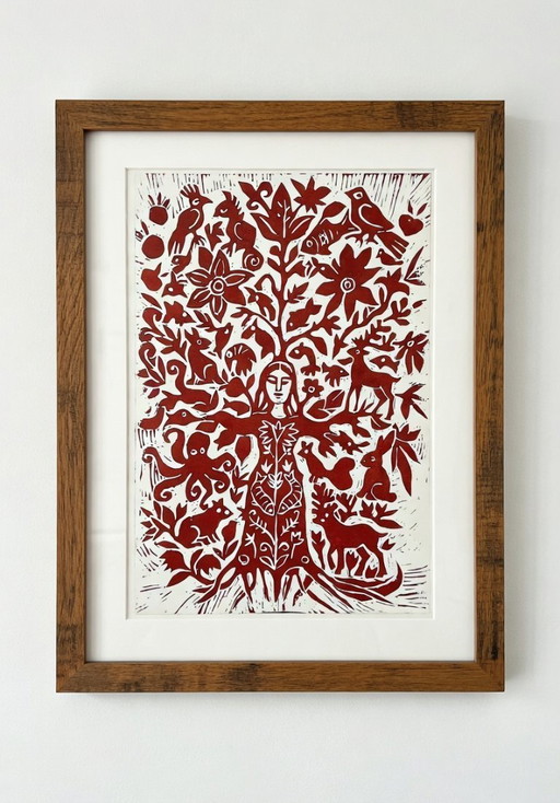 Linosnede van een boomvrouw: Botanische natuurkunst, A3, gelimiteerde oplage.
