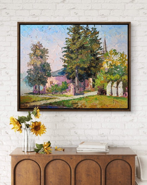 Original Oil Painting Cityscape House Garden Entrance to the Beautiful City