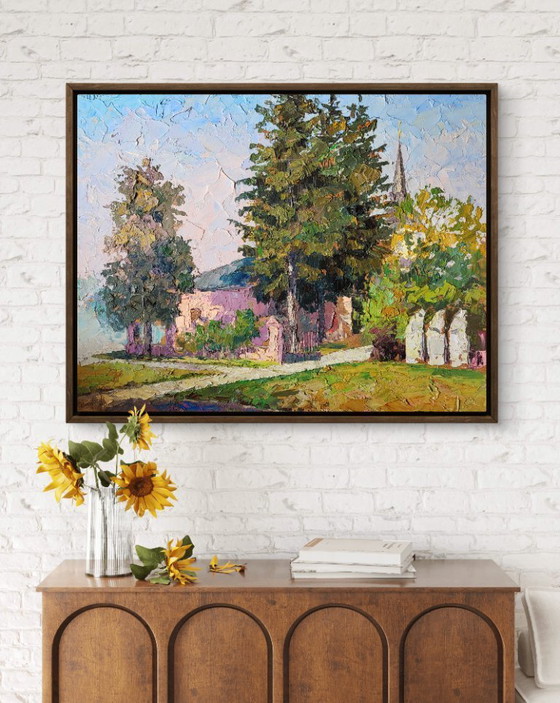 Image 1 of Original Oil Painting Cityscape House Garden Entrance to the Beautiful City