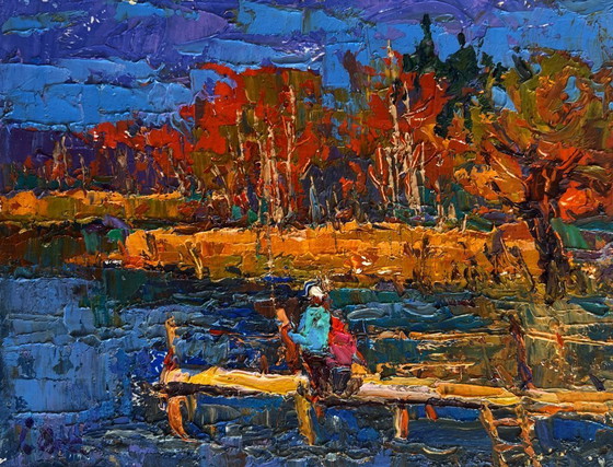 Image 1 of Original Oil Painting Autumn River Landscape Autumn mood near the river