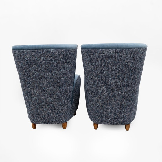 Image 1 of Pair of Italian Paolo Buffa High-Back Armchairs in Blue Velvet and Chenille, 50s