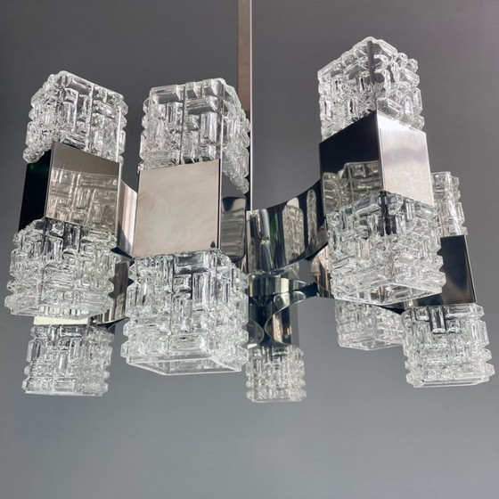 Image 1 of Italian 1970s Chandelier Attributed to Targetti, 16 Lights, Art Glass & Chrome Steel. Modernist Design