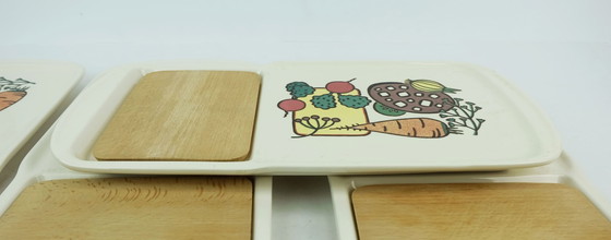 Image 1 of set of 4 waechtersbach SNACK PLATTERS vegetable plate ceramic with wooden insert 1950s 60s