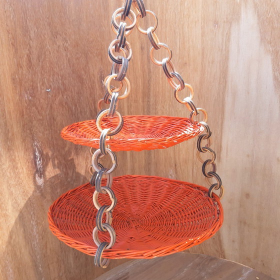 Image 1 of Lampadario a sospensione in rattan con doppia ciotola di design vintage H80D46, anni &#39;70