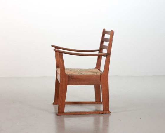 Image 1 of Very Rare Single Bas van Pelt Brutalist Oak Armchair with Woven Rush Seat for My Home. The Netherlands, 1940s.