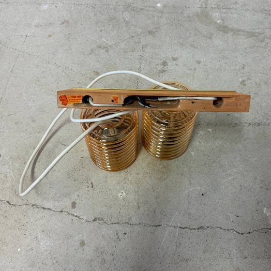 Image 1 of Vintage plafondlamp met twee amberkleurige kappen