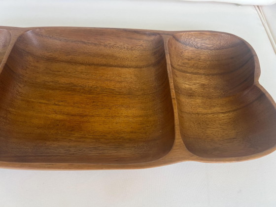 Vintage Wood Serving Bowl XXL 44 cm | Hand-carved Mid Century Snack Bowl with 3 Compartments | Teak Wood (photo 6 of 11)