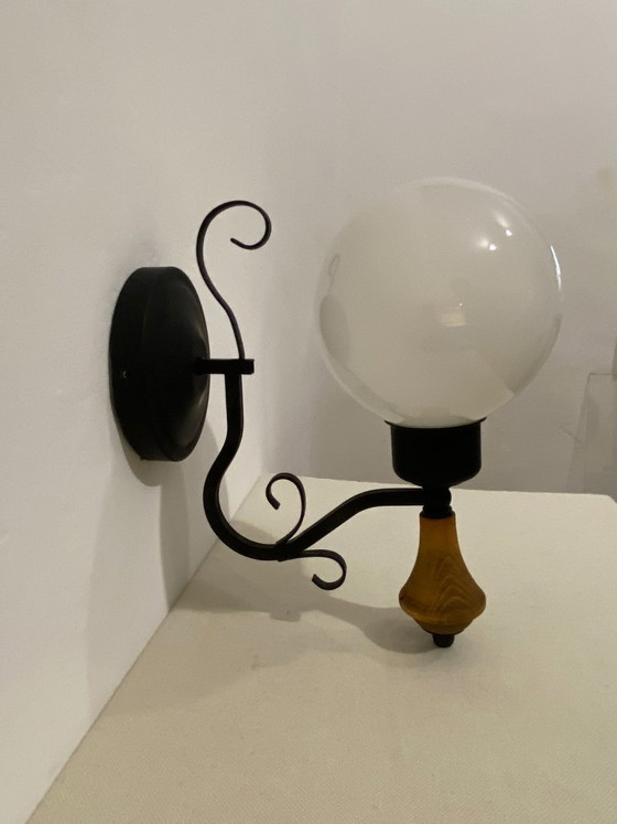 Vintage Opal Glass Globe Wall Lamp with Wood Detail, 1970s, Wall lights, Metal, Black (photo 8 of 16)