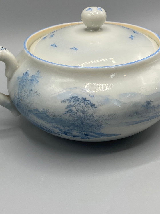 Sucrier en porcelaine japonaise – Paysage du mont Fuji bleu et blanc – Époque Meiji – Objets déco (photo 2 of 9)