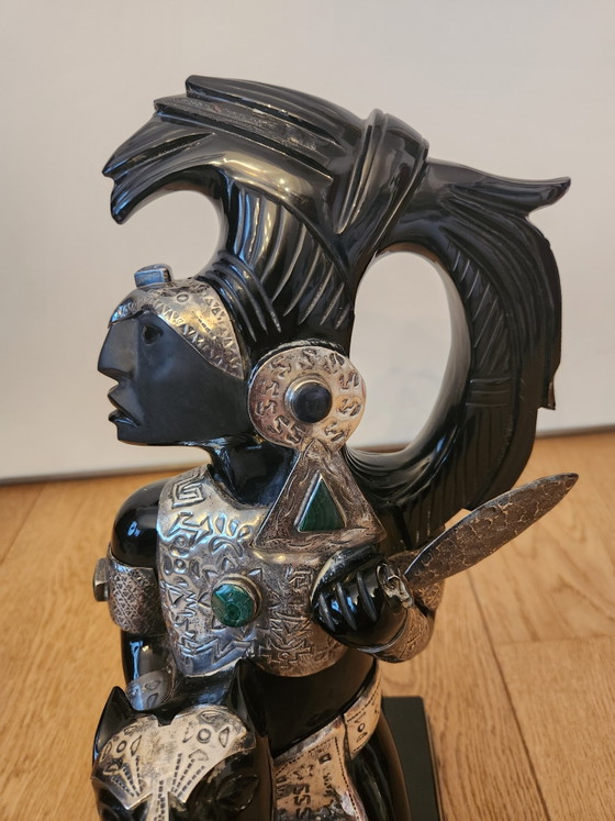 Image 1 of 2 large Mexican sculptures – Solid Obsidian & Alpaca/Silver with Turquoise inlay – 35 cm – Monumental weight: 8.8 kg!