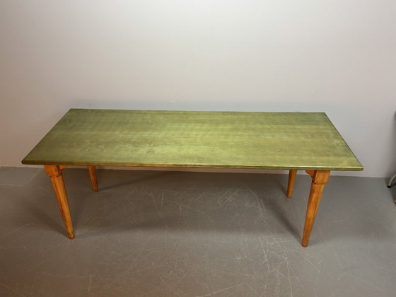 Image 1 of Tavolo da pranzo in faggio di metà secolo con piano in vernice trasparente verde tenue, anni '80.