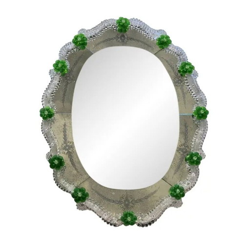 Venetian Murano Glass Oval Floral Wall Mirror – Hand-Carved Italian Art